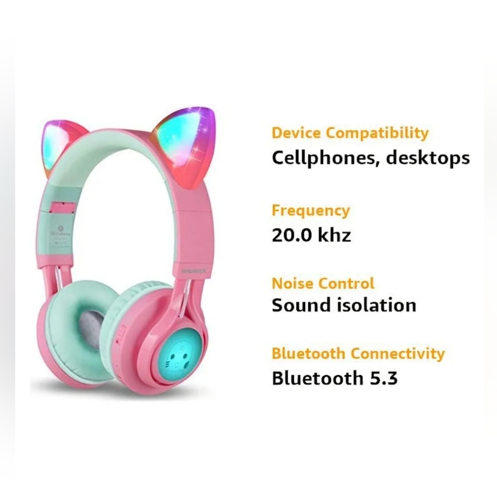 Riwbox BT Headphones CT-7 Cat Ear LED Used in working condition w/plug in